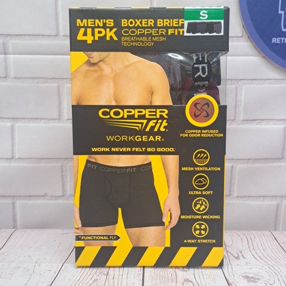 4PK‎ Copper Fit Mens Performance Workgear Boxer Briefs S 28-30  Copper Infused